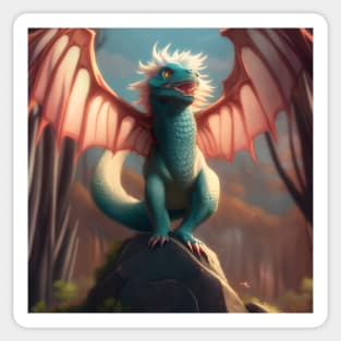 Baby Cyan Dragon with Pink Wings on a Rock Sticker